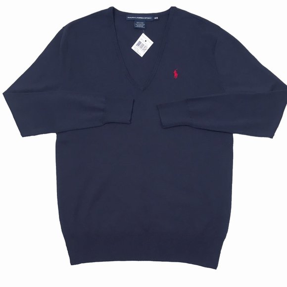 NEW Polo Ralph Lauren Womens Sweater! Navy Red Polo Player V Neck  Boyfriend Fit - Picture 1 of 1